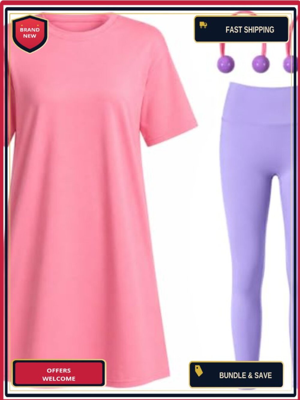 JcHrmers Halloween Costume Set Pink T-Shirt Dress Tights Hair Ties Women